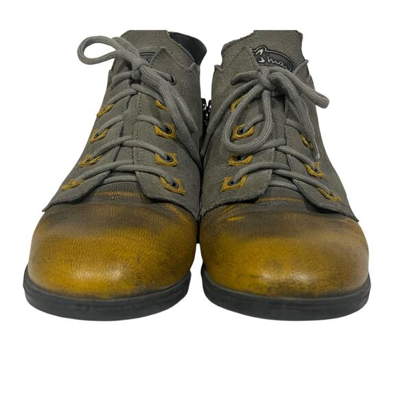 Maciejka Ankle Boots Leather Flats Gray Yellow Vintage-Look Lace Up Zipper Sz 8 - Picture 3 of 11